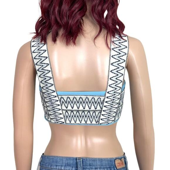 Zig Zag Embroidered Bandeau Crop Top Womens Small Turquoise White Wide Strap - Picture 2 of 10